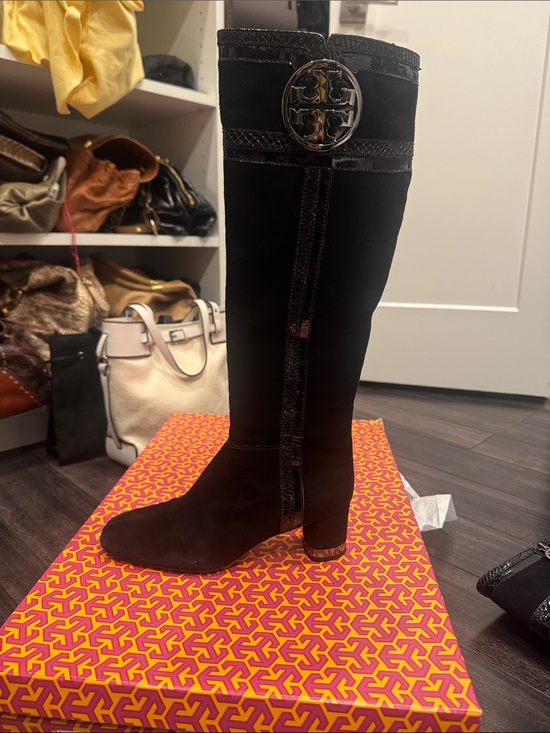 Tory Burch Shoes - Tory Burch Black Suede snake Knee-High Logo Boots